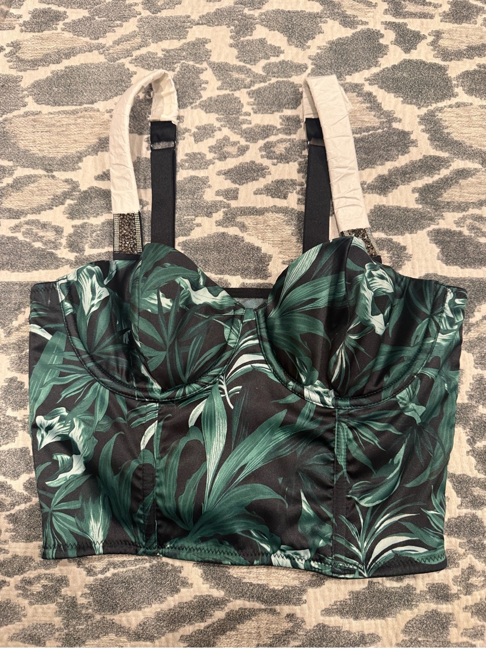 NWT Victoria's Secret Black and Green Tropical Bustier Corset Bra Sz 34B